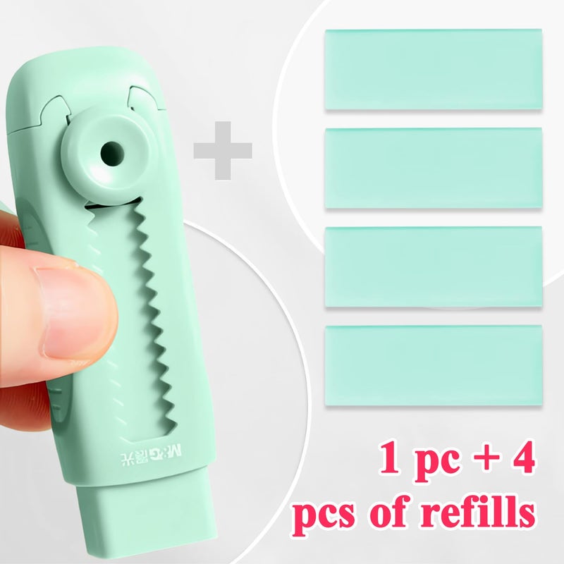 M&G 4+1 Pack Rubber Erasers Sliding Retractable Eraser, Soft Cute Erasers Push Pull Large Pencil Eraser with Plastic Sleeve 4 Refill Eraser for Students Kids, School Office Home Supplies (Green) - Image 3